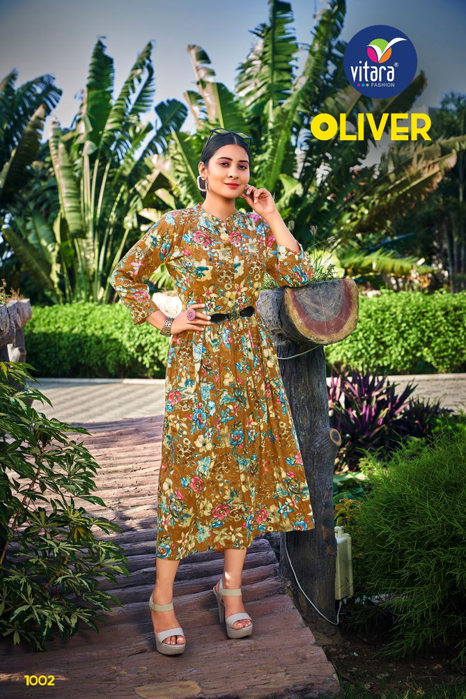 Vitara Oliver Rayon Rinkle Printed Party Wear Kurti Catalog
